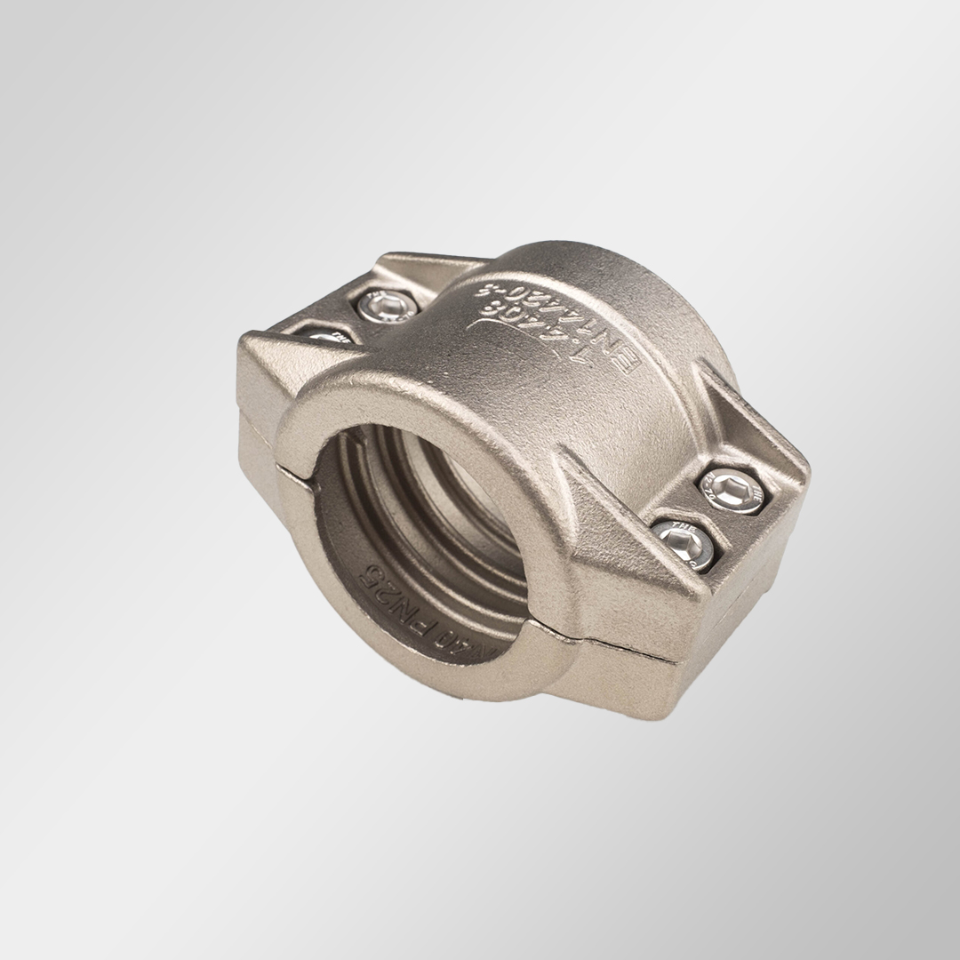 coquille-serrage-4-boulon-inox-316-photo Collier demi-coquilles DN38 DIN 2817 en inox – Image 1